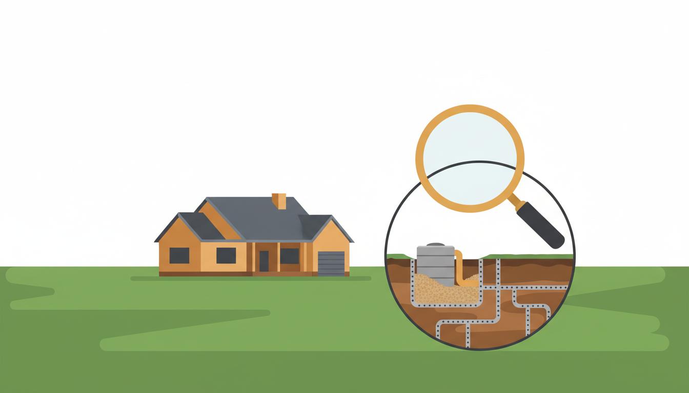 A house on a lawn with a magnifying glass revealing the underground septic system beneath the grass — a buried tank and drainfield pipes — the pre-purchase septic check