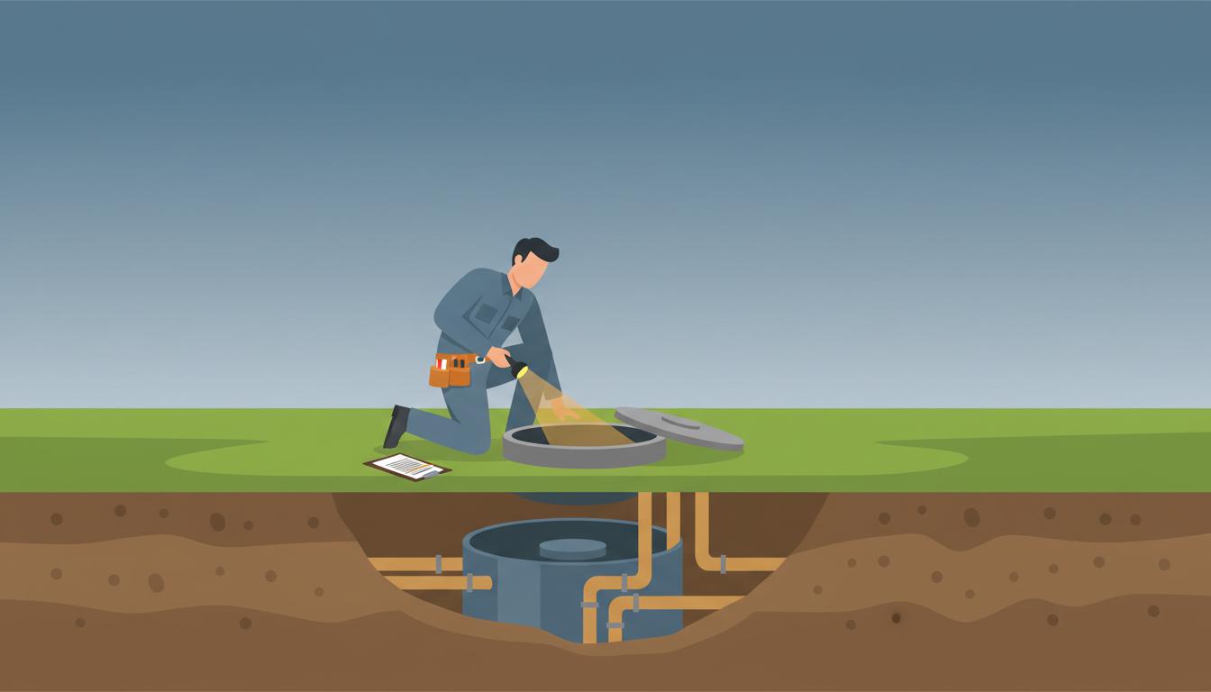 A septic inspector kneeling by an open septic tank lid on a lawn, shining a light into the tank, with the buried tank and drainfield pipes shown in the soil below