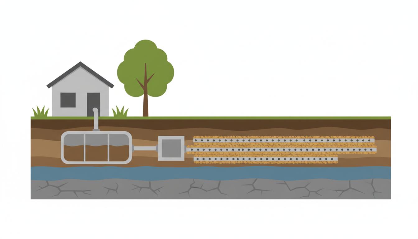 Cross-section of a residential septic system — a house piped to a buried septic tank, then a distribution box, then perforated drainfield pipes in gravel trenches, shown above layers of topsoil, clay, the groundwater table, and bedrock